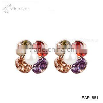 Lucky 18K Gold Plated Flower Shape Diamond Pearl Stud Earring