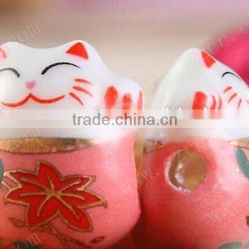 Pink Lucky cat beads Made of Ceramic for Bracelet