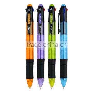 Promotional transparent plastic multi-color ballpoint pen with soft black rubber grip