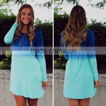 Dye Tie Dresses Women 2015 Autumn Fall Long Sleeve Dip Tie Blue Gradient Color Ombre Shirt Dress Above Knee Short Sexy Club Wear