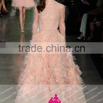 E25 Formal Long Sleeve See Through Tulle Evening Dresses With Ostrich Pink evening dresses with stones