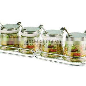 SINOGLASS 4 pcs with Lazy chef Decal and chrome spice rack Cone shape glass spice jar rack