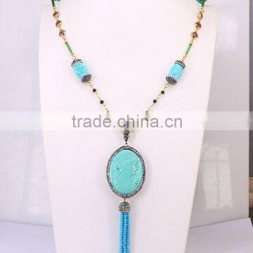 Fashion Pave Crystal Zircon beauty Head Shell Pendant Tassel Jewelry Druzy Necklace,Wire Wrapped Beaded Chain Necklace