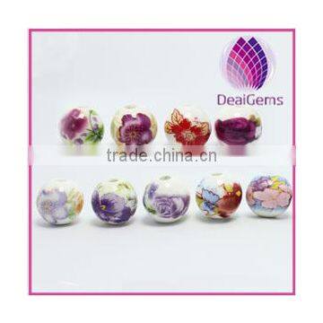 Bead, porcelain 12mm round with flower