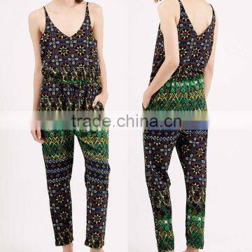 High Quality Printed Spaghetti Strap V-neckline Long Jumpsuit