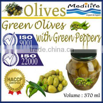 High Quality Tunisian Table Olives,Green Olives with Green Peppers,Table Olives with Green Pepper 370 ml Glass Jar