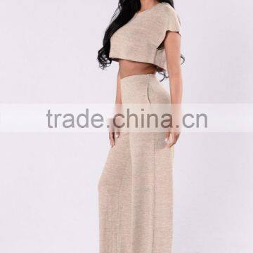 Jump Suit 100 % Polyester Sleeve Crewneck Cropped Length Sweater Knit Top And Wide Leg Pants Women Slim Fit Suits photo-3