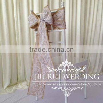 Natural Burlap Hessian Chair Sash Jute Chair Band With Lace at Middle for Rustic Wedding photo-3