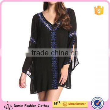 Women's Embroidered Detail Loose Fit Sheer Fabric Long Sleeve Tunic Dress