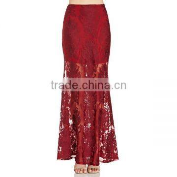 Red Fit and Flare Elegant Maxi Long Lace crop top and skirt set