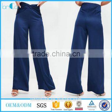 Navy knot satin wide leg trousers wholesale ladies summer fashion high waist pants