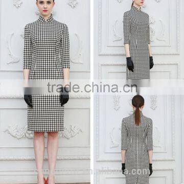 Fashion Design Ladies Houndstooth Dress Slim Fit Stand Collar Bodycon Dress photo-4