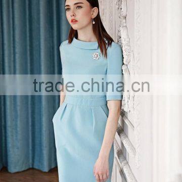 Ladies Slim Fit Light Blue Short Sleeve Elegent Dress photo-2