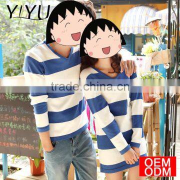 New Arrival Winter V-neck Blue White Stripe Knitted Couple Sweater photo-2