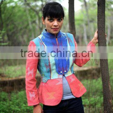 Vintage Kantha Jacket in Color Block & Contrast Lapel ~ Small