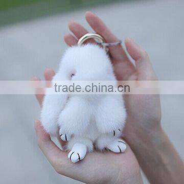 Fashionable pure white color handbag rabbit shape keychain/ mink fur ball keychain