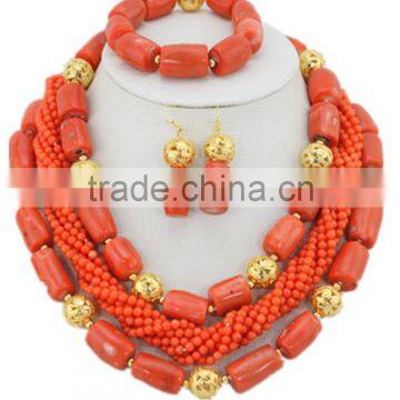 Gold-Plated 3Rows Column Ball Coral Beads Nigerian Jewelry Set