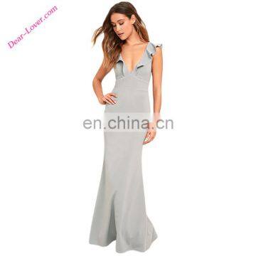 Sleeveless Deep V neck ruffle design women evening dresses gown