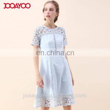 Women Elegant Short Sleeve Flower Lace Embroidered Crochet Dress in Blue