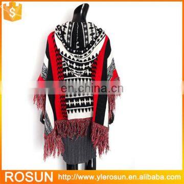 Women new knit design hood poncho style with fringe