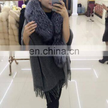 100% Real Fashion Pashmina Shawl Cape With Fox Fur Collar Cashmere Shawl photo-5