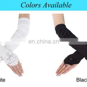 Grace Karin Womens 19" Lace Embellished Pleated Black And White Color Fingerless Gloves Bridal Wedding Gloves CL010471 photo-6
