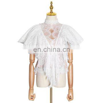 TWOTWINSTYLE Shirts For Women Butterfly Short Sleeve Loose Ruffles Hollow Out Irregular Hem Casual Lace photo-2