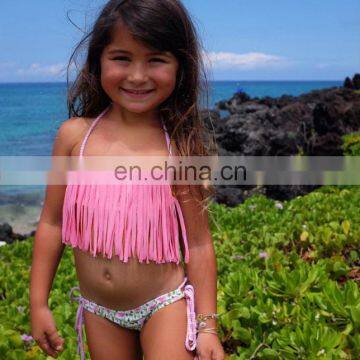 2019 Summer girls pink tassel bikini set kids fringe swimwear with floral shorts 2pc set