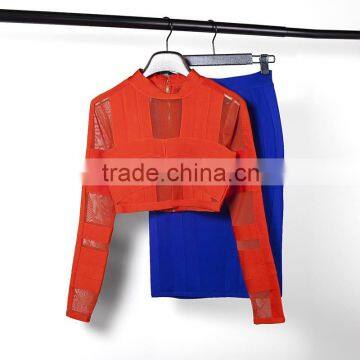 2016 New Summer Orande and Blue Two Pieces Set Mesh Long Sleeve Knee-length Sey Party Night Club Bandage Dress Wholesale photo-6