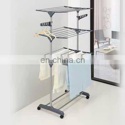 Foldable 3 tier rolling collapsible clothes drying rack stand indoor outdoor dark grey metal laundry rack