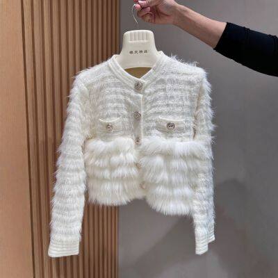 New socialite style lady fox fur knitted cardigan round neck slimming sweater jacket for women