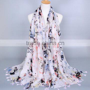 Spring Lady Fashion Tassel Cotton Graffiti Printed Voile Scarf Shawl