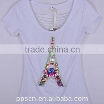 Women Fashion Tops Summer The Eiffel Tower Beading T-shirt