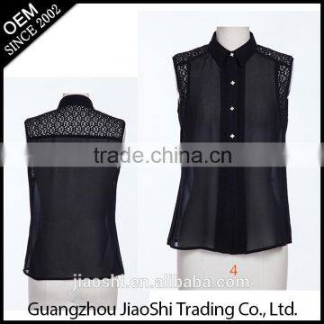 2016 Factory Free Sample Supply Black Color Sleeveless Lady Blouse Fashion Chiffon Women Top Wholesale