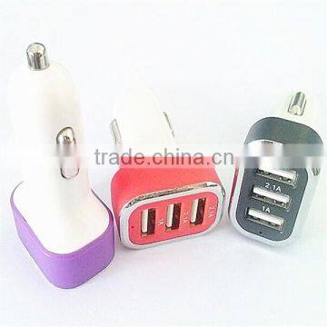 customized logo usb car charger 3 port car charger For Cellphone with one free sample.