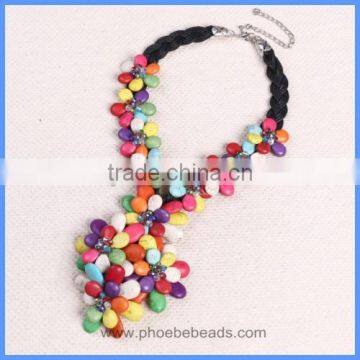 Wholesale Handmade Colorful Turquoise Gemstone And Leather Cord Flower Pendant Choker Necklaces GN-DQ054A