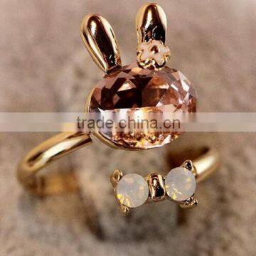 Gold Alloy Bunny Head Animal Crystal Openning Adjustable Ring Accessory Gift