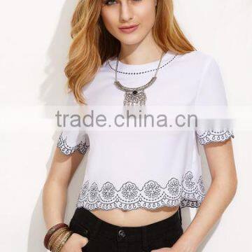 Blouses latest fashion design women clothing White Embroidered Scallop Trim Short Sleeve Blouse