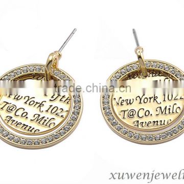 crystal engraved stainless steel gold plated earrings