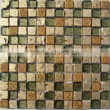 Gold color frosted glass and colorful stone mosaic backsplash tile HG-CS002