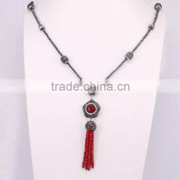 Charm Flower Red Gem Stone with Crystal Glass Tassel Pendant Necklace, Crystal Rhinestone Beads Hematite Beaded Necklace