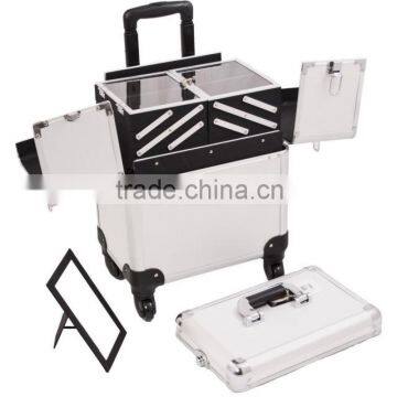 Silver Texture Professional Aluminum Rolling Cosmetic Case Makeup 3-Tier Trolley photo-2