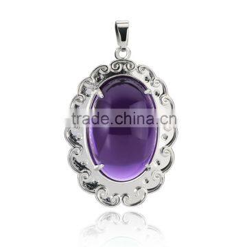 Fashion silver semi precious gemstone jewelry White gold plated ocean purple chalcedony marquise pendant for women men