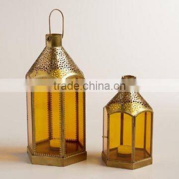 Yellow Glass candle holder Holiday decor vintage rusty metal lantern, metal candle stand arab lantern