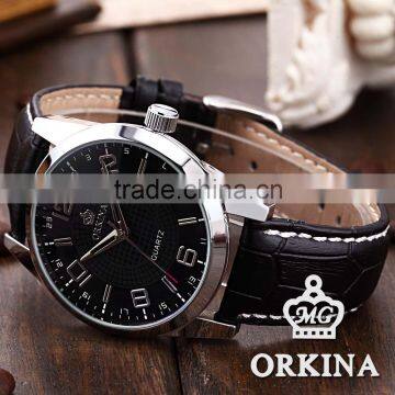 Orkina Mens Black Leather Stainless Steel Case Chrono Date Display Analog Sport Quartz Wrist Watch photo-3