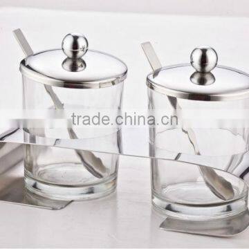 glass sugar bowl, sugar jar with stainless steel spoon & lid & holder