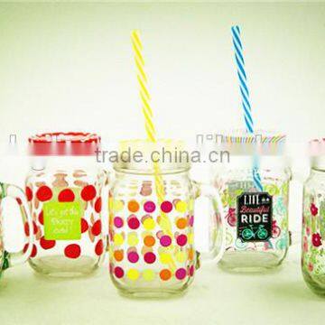 Glass Jar Decal Glass Mason Jar Mug With Straw Metal Lid photo-2