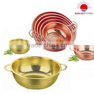 gold fruit basin/colander/metal colander with handles(ISO 9001)