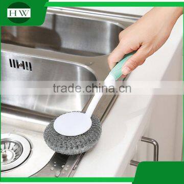 Mini Plastic Long Handle Hand Hanging Bowl Pot Dish Clean Cleaning Brush With Steel Ball photo-2
