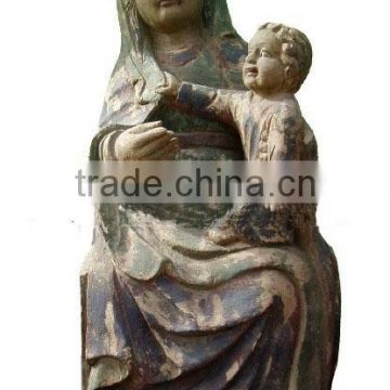 Antique wooden carving religion Virgin Mary statue